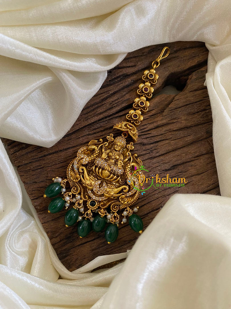 Premium AD Stone Maang Tikka -Lakhsmi Tikka-Green Bead -G10103