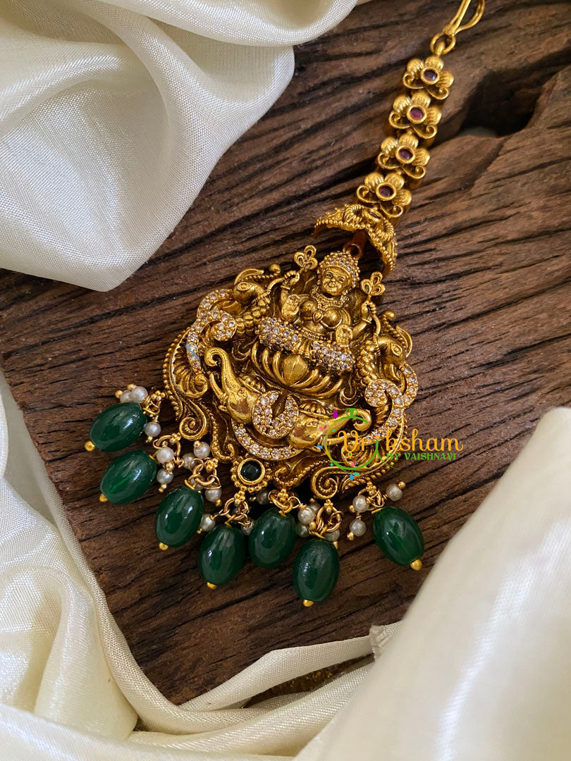 Premium AD Stone Maang Tikka -Lakhsmi Tikka-Green Bead -G10103