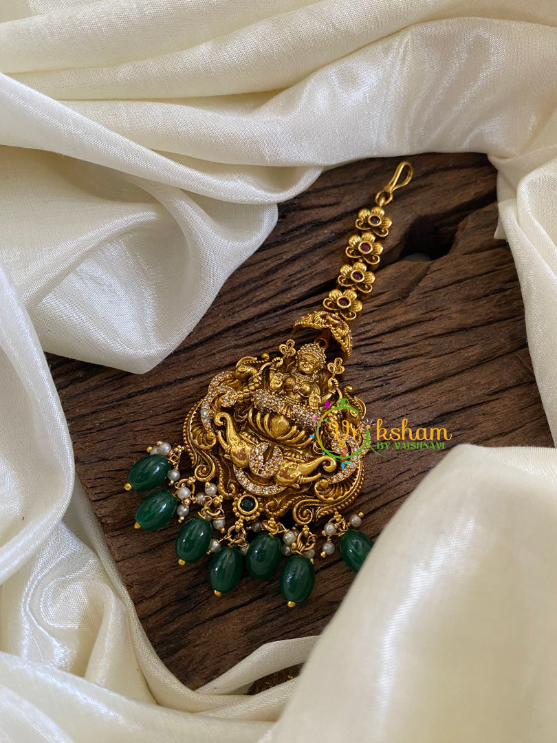 Premium AD Stone Maang Tikka -Lakhsmi Tikka-Green Bead -G10103
