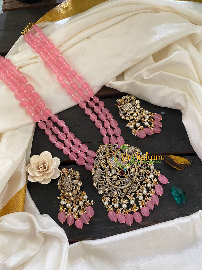 Pink Bead Victorian Diamond Temple Neckpiece-Krishna-VV325