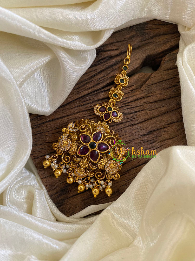 Premium AD Stone Maang Tikka -Gold Bead -G10106