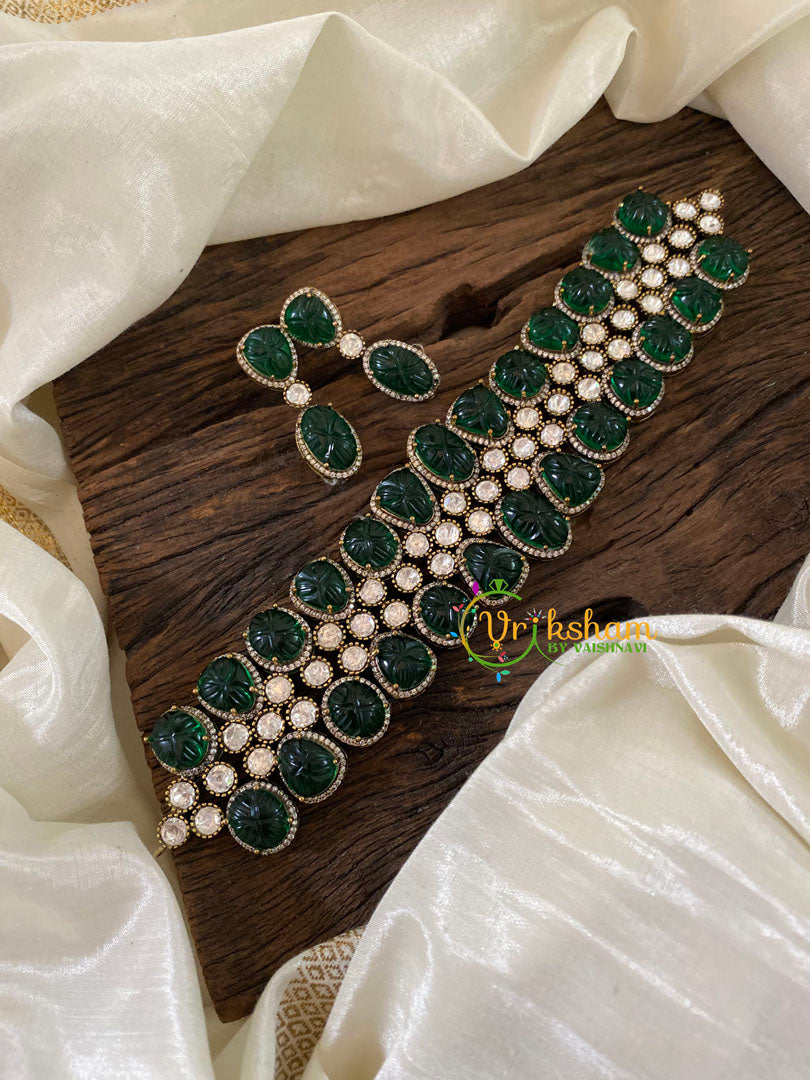 Emerald Green Victorian Diamond High Neck Choker-VV845