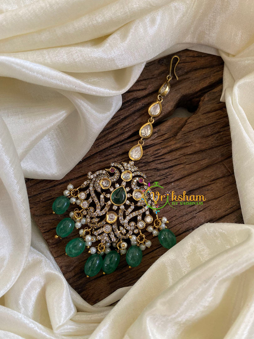 Victorian Diamond Maang Tikka-Green Bead-VV1015