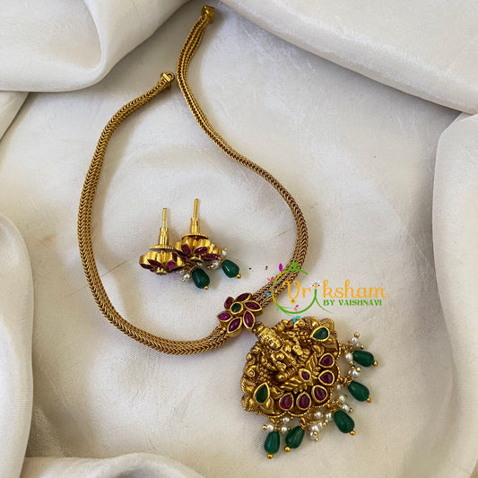 Lakshmi Pendant Short neckpiece-Green Bead  -G6465