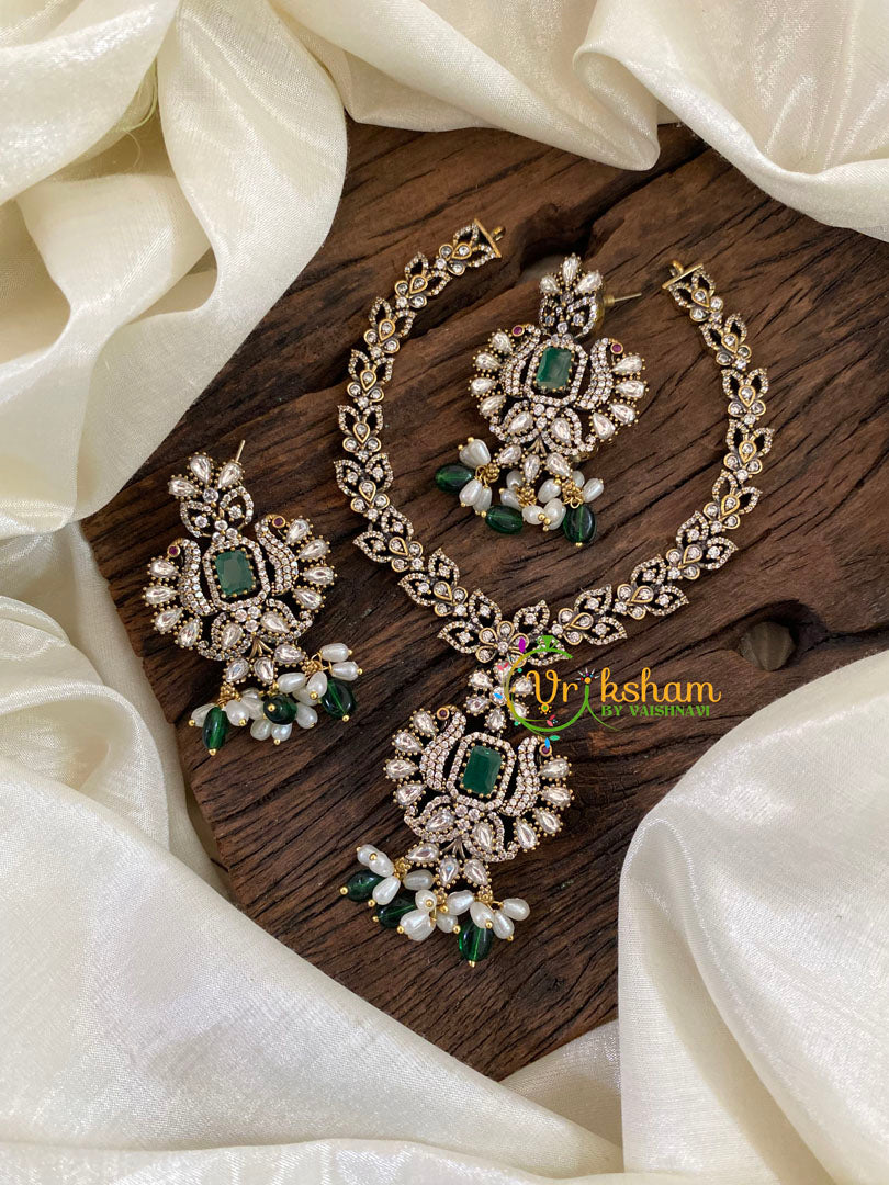 Green Victorian Diamond Pendant Short Neckpiece -VV865