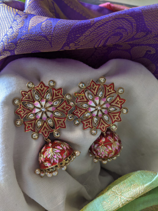 Premium Kundan Meenakari Jhumkas -Pink -G2145