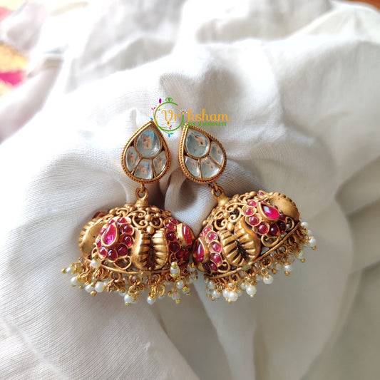 Kundan and Kemp Jhumkas - White and Red -G982