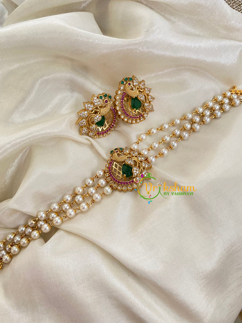 Gold look alike Pearl High Neck Choker-Peacock -Red Green-G4026