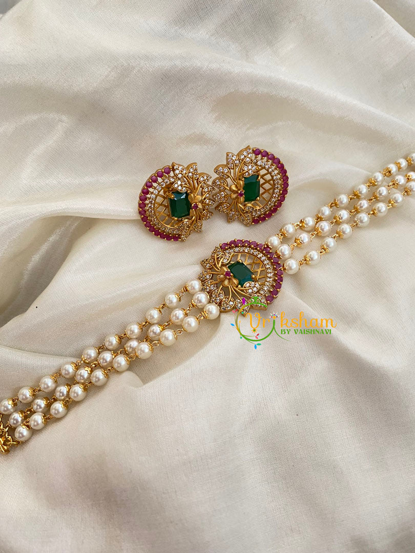 Gold look alike Pearl High Neck Choker-Leaves-Green Red-G4030