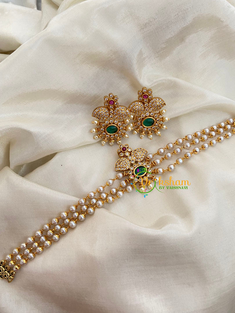 Gold look alike Pearl High Neck Choker-Flower and Leaves-Green-G4033