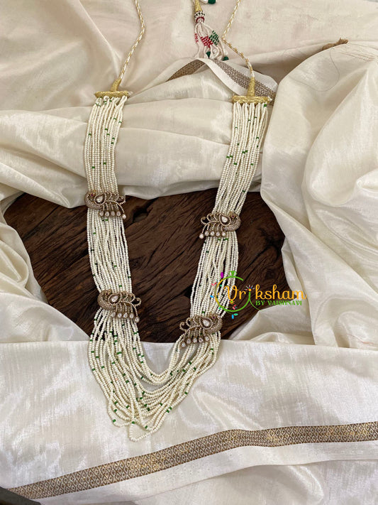 White Bead Layered Victorian Diamond Long Neckpiece-Peacock  -VV881