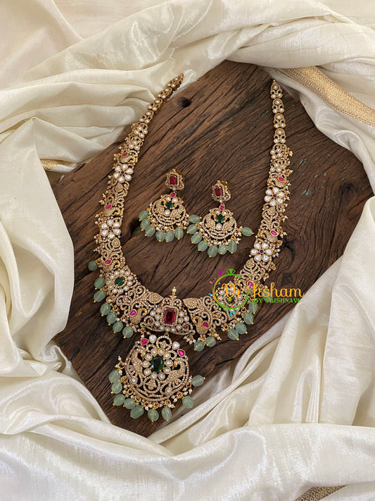 Pastel Green Bead Victorian Diamond Long Neckpiece -VV884