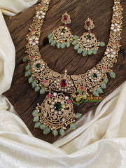 Pastel Green Bead Victorian Diamond Long Neckpiece -VV884