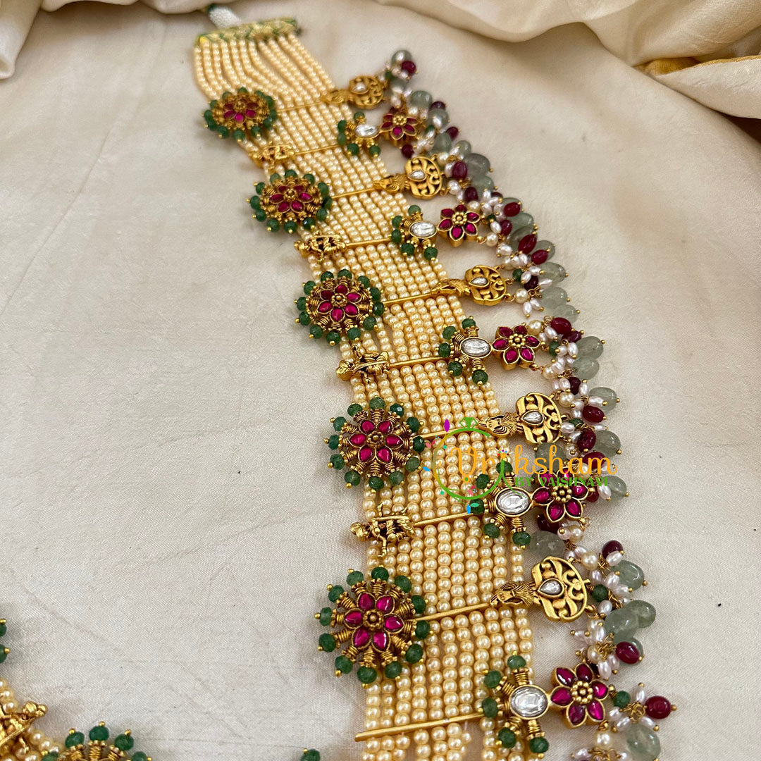Layered White and Gold Bead Jadau Kundan Pendant Mala -J1800