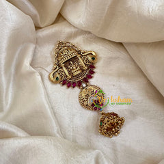 Premium Lakshmi Single Jada Billai  with Jhumkas-Temple Bun Billai - Red Green -G10611