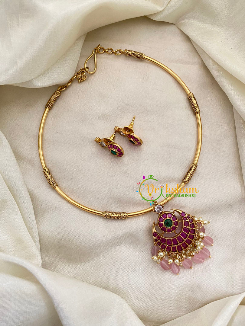 Premium AD Stone Hasli Choker-Pink Bead-G7395