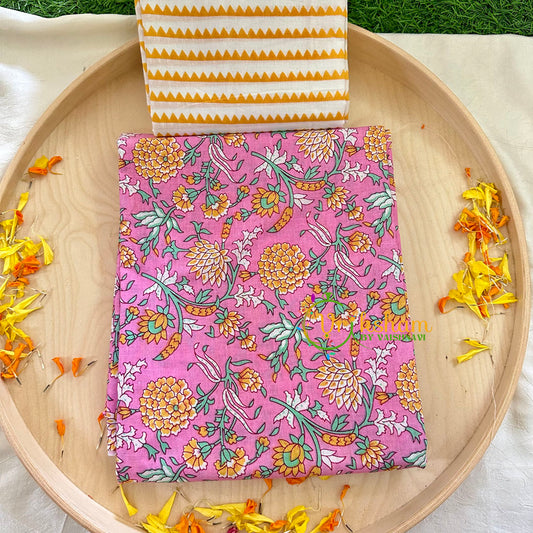 Pink with Mustard Yellow Jaipur Cotton Kurthi Material Set-VS1110