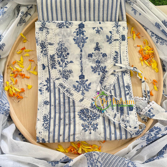 White and Blue Jaipur Cotton Suit Material Set-VS1135