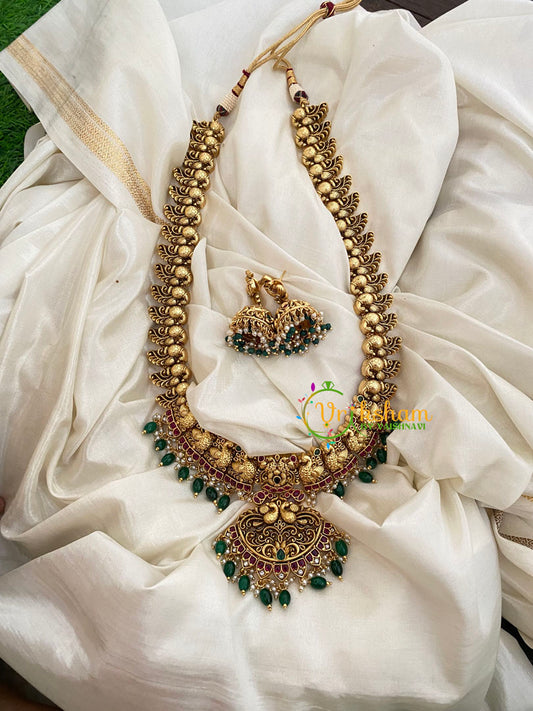 Premium Gold Look Alike Temple Haram-Green Beads -G3978