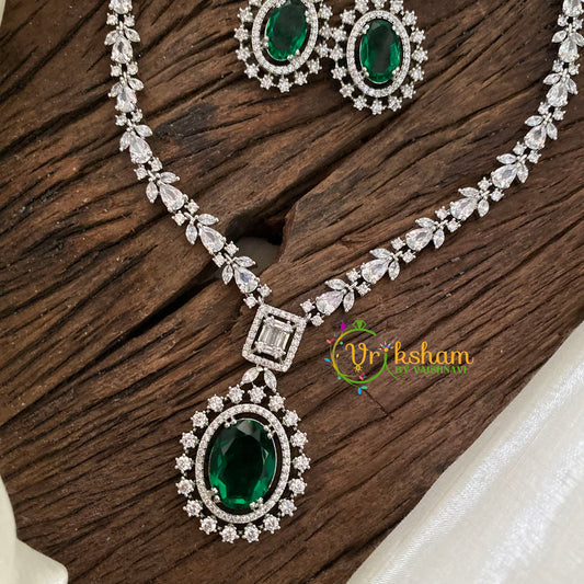 Green American Diamond Pendant Short Neckpiece -G9523