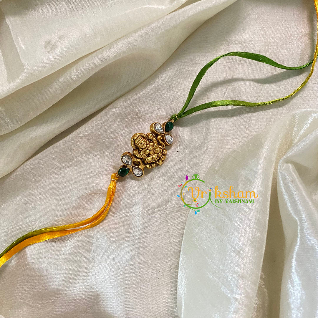 Rakshabandhan Jadau Kundan Rakhi - Lakshmi Tri Petal -Yellow Green -RB116