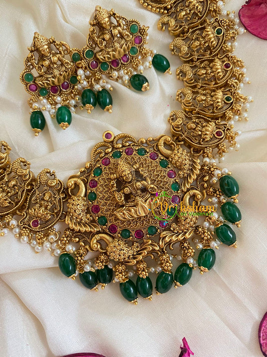 Traditional Lakshmi Pendant Peacock Neckpiece-Green Bead-G5392