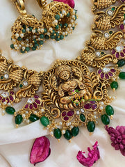 Traditional Lakshmi Pendant peacock Neckpiece-Green-G5382