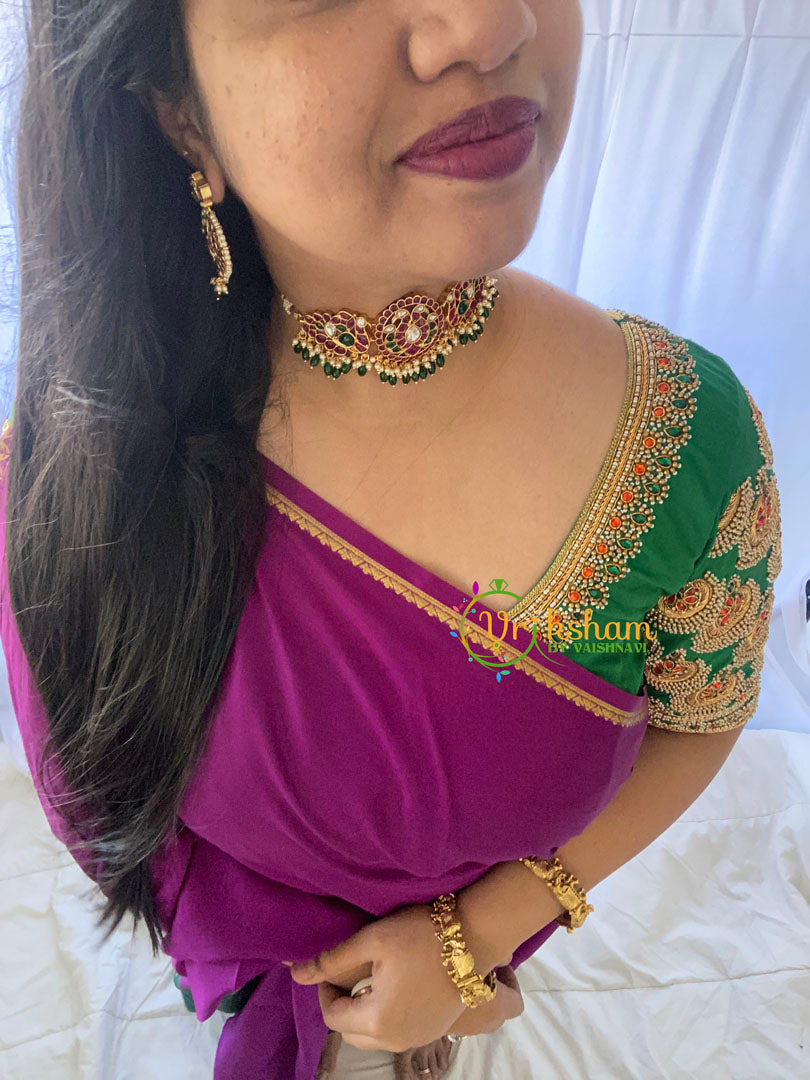 AD Stone Peacock High Neck Choker -Green Bead-G6002