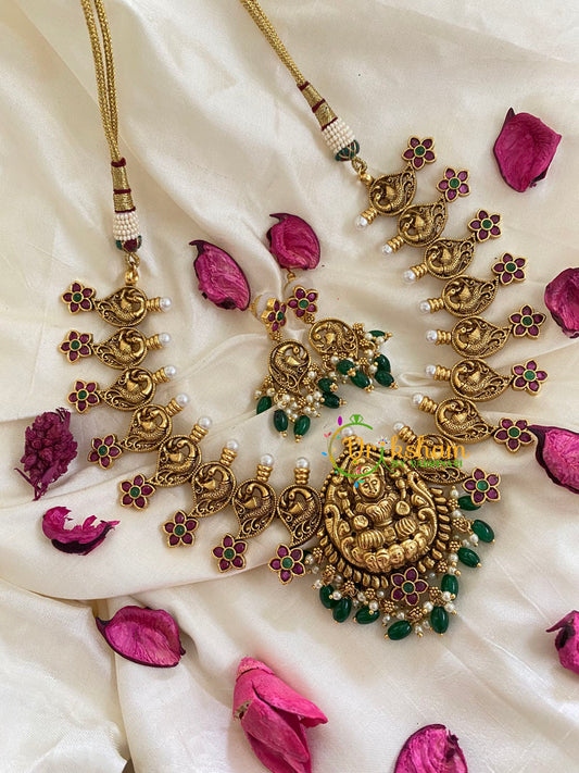 Traditional Lakshmi Pendant Peacock Neckpiece-Green-G5383