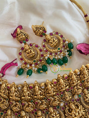 Exquisite Layered Royal Lakshmi High Neck Choker-Green bead -G5372