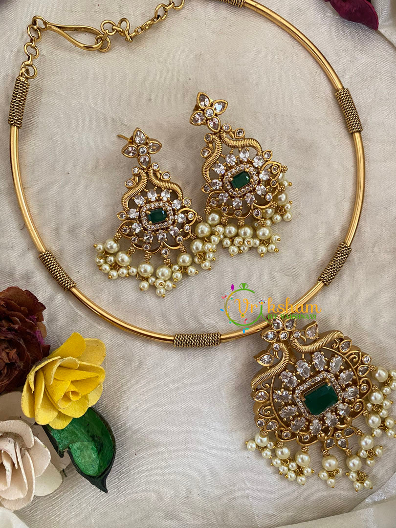 Premium AD Stone Hasli Choker-Designer Pendant-Green White-G9578