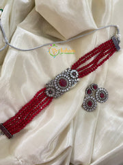 AD Stone Beaded High Neck Choker-Red-G4084