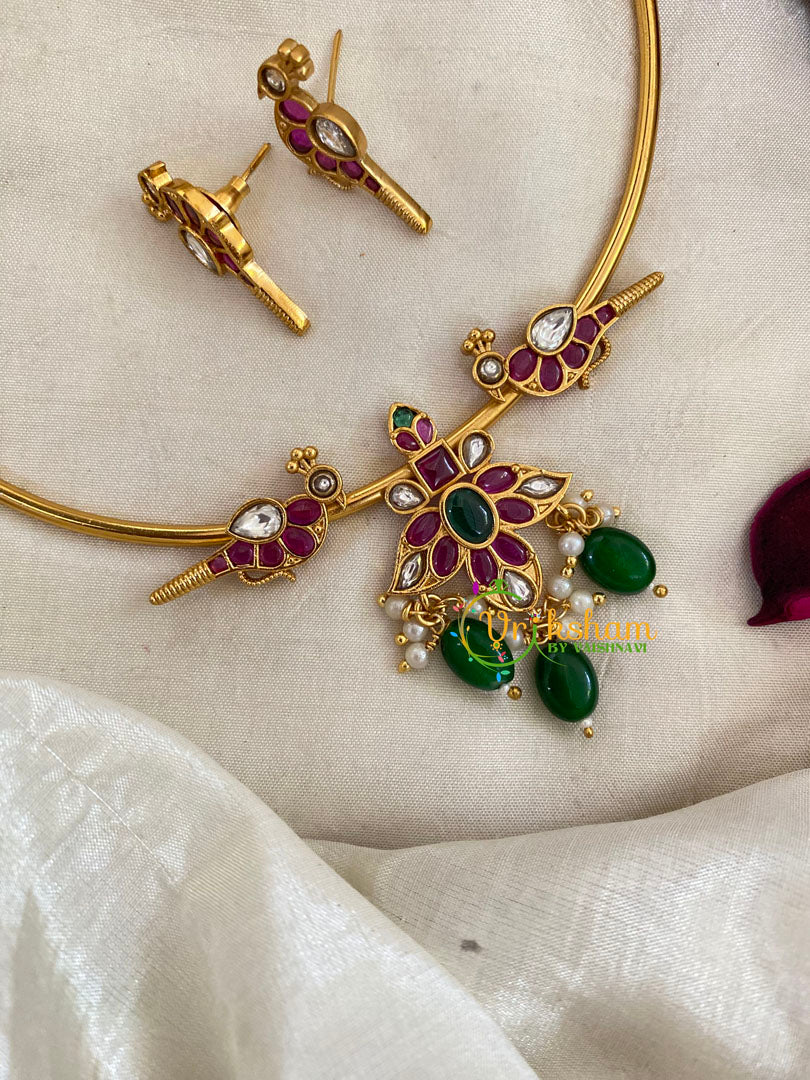 Premium AD Stone Hasli Choker-Floral Dual Parrots -Red Green White-G9577