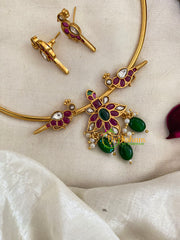 Premium AD Stone Hasli Choker-Floral Dual Parrots -Red Green White-G9577