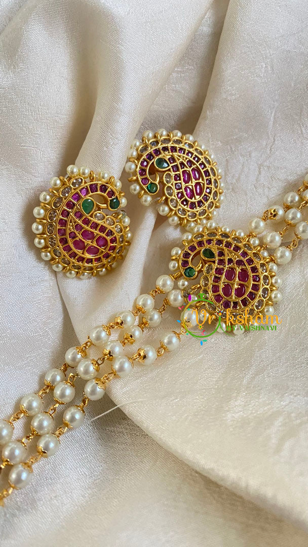 Gold look alike Pearl High Neck Choker-Paisley -Red Green-G6020