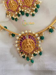 Premium AD Stone Lakshmi Pendant Hasli Choker-Green Bead-White-G4071