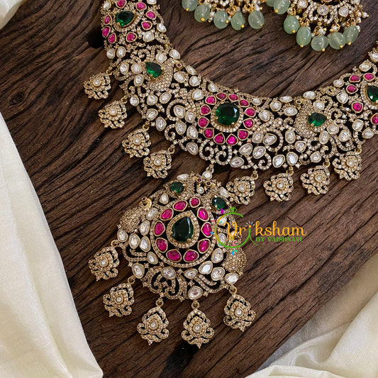 Pink Green Victorian Diamond Haram -Long Neckpiece-VV1219