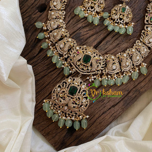 Green Victorian Diamond Haram -Pastel Green Bead Long Neckpiece-VV1220