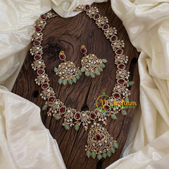 Red Victorian Diamond Haram -Pastel Green Bead Long Neckpiece-VV1221