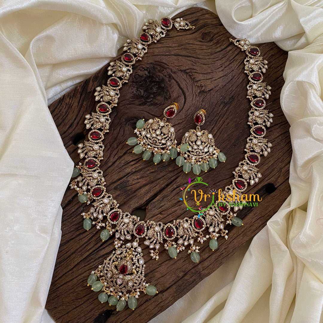 Red Victorian Diamond Haram -Pastel Green Bead Long Neckpiece-VV1221