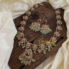 Red Victorian Diamond Haram -Pastel Green Bead Long Neckpiece-VV1221