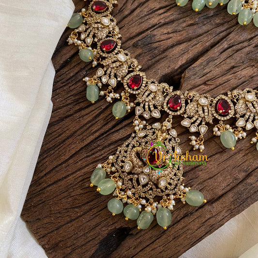 Red Victorian Diamond Haram -Pastel Green Bead Long Neckpiece-VV1221