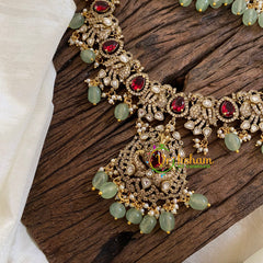 Red Victorian Diamond Haram -Pastel Green Bead Long Neckpiece-VV1221