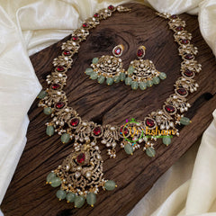 Red Victorian Diamond Haram -Pastel Green Bead Long Neckpiece-VV1221