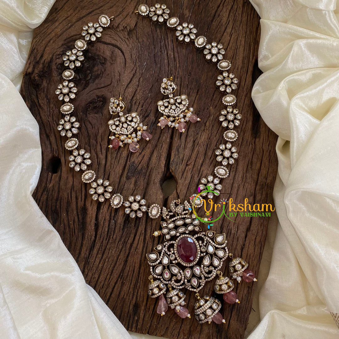 Red Victorian Diamond Short Neckpiece-Pastel Pink Bead-VV1210