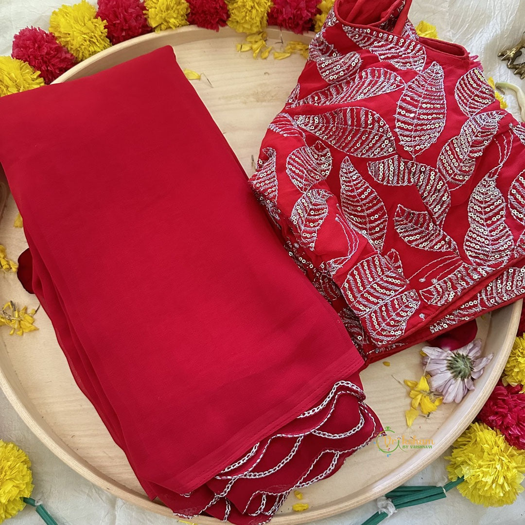 Red Plain Chiffon Saree-VS3614