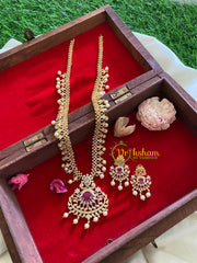 Gold American Diamond Bridal Haram-Pearl-Red-G3221