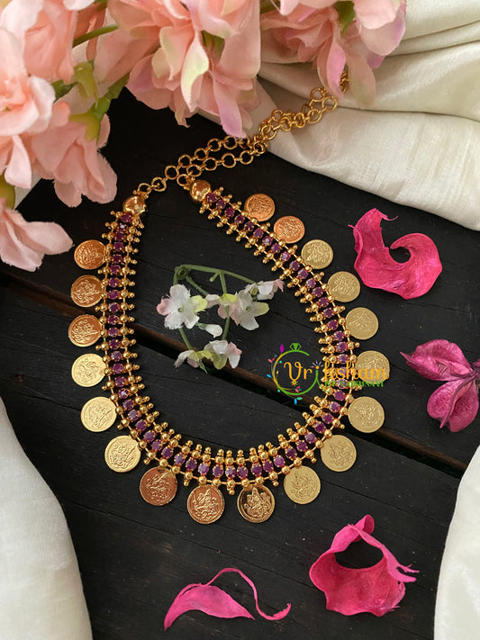 Traditional Kerala Lakshmi Coin Neckpiece-Pink AD Stone-G4259