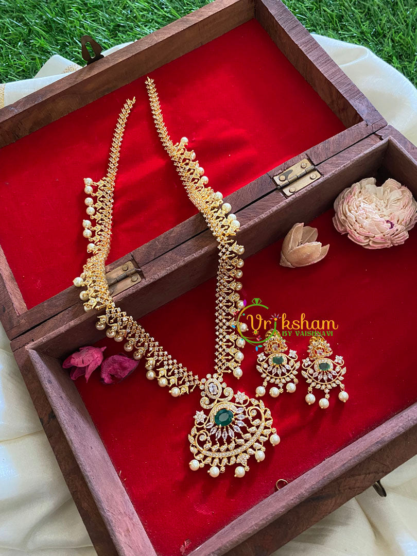 Gold American Diamond Bridal Haram-Pearl-Green-G3222