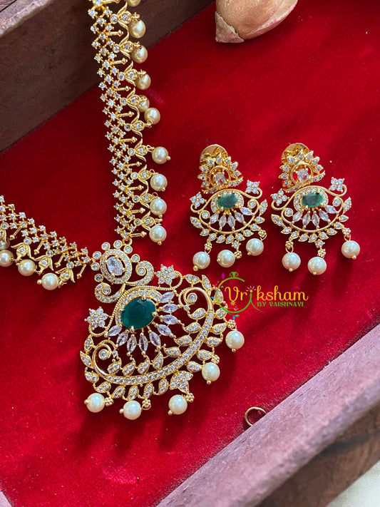 Gold American Diamond Bridal Haram-Pearl-Green-G3222